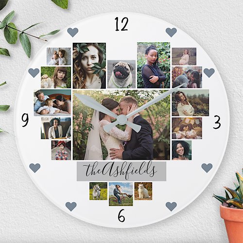 Family Photo Collage Hearts 17 Pictures Name White Large Clock