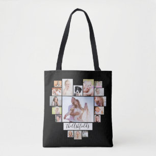 Family Photo Collage Hearts 34 Pictures Name Black Tote Bag