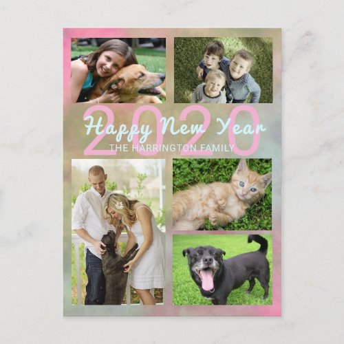 Family Photo Collage Holiday Postcard with Year