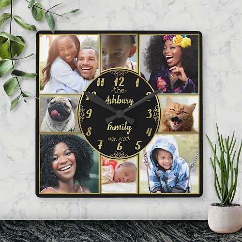 Family Photo Collage Instagram Picture Oval Gold Square Wall Clock