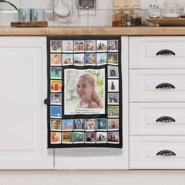 Family Photo Collage Kitchen Towel (Mom photo collage kitchen towel hanging on kitchen cabinet door.)