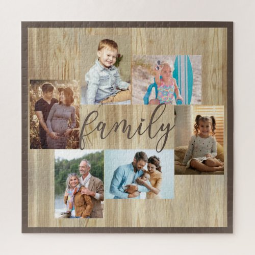 Family Photo Collage Light Woodgrain Jigsaw Puzzle