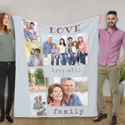Family Photo Collage Love and Happiness Quote Blue Fleece Blanket
