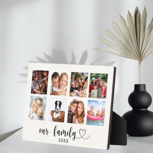 Family photo collage love heart script ivory plaque (Creator Uploaded)