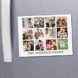 Family Photo Collage Magnet Card<br><div class="desc">Modern Minimalist Simple 12 Photo Collage Family Photos with Name Refrigerator Magnet Card - Black & White or Choose your background color</div>
