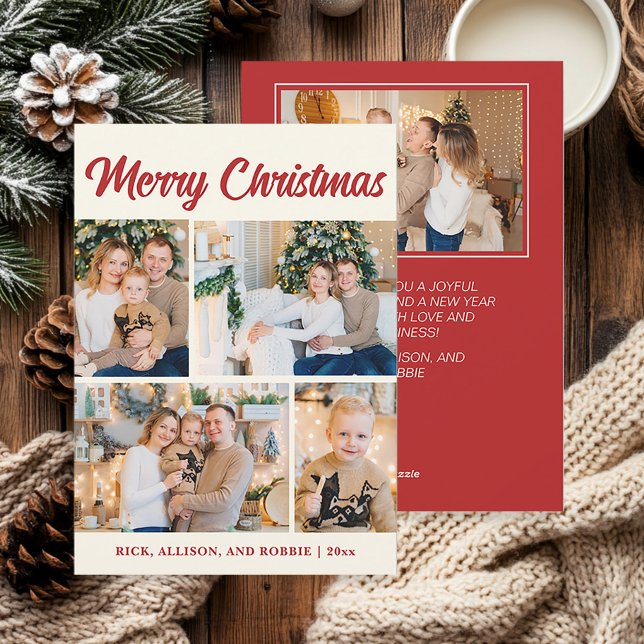 Family Photo Collage Merry Christmas Red Holiday Card (Red and white "Merry Christmas" photo greeting card)