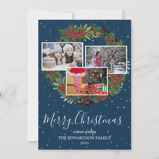 Family photo collage Merry christmas rustic Holiday Card (Front)