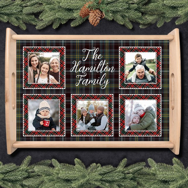 Family Photo Collage Modern Farmhouse Plaid Serving Tray (Holiday Rustic Plaid Family Photo Collage Serving Tray)