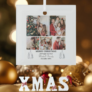 Family Photo Collage, Modern, Minimalist Christmas Glass Ornament