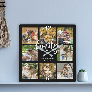 Family photo collage modern script black square wall clock