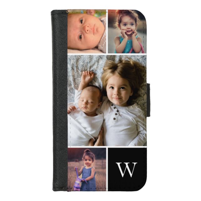 Family Photo Collage Monogram Black iPhone Wallet Case (Front)