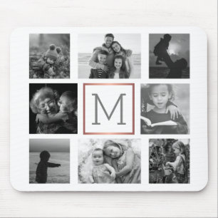 Family Photo Collage Monogram Black & White Mouse Pad