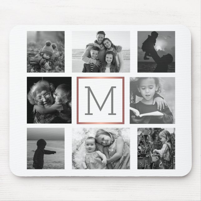 Family Photo Collage Monogram Black & White Mouse Pad (Front)