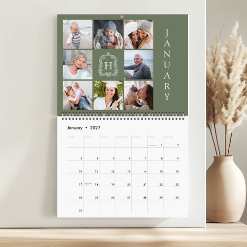 Family Photo Collage Monogram Crest Sage Green Calendar