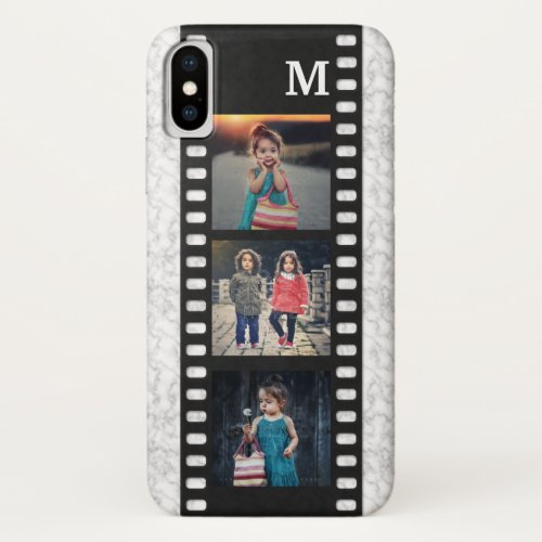 Family Photo Collage Monogram  Filmstrip Marble iPhone X Case