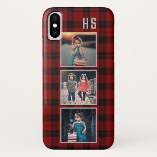 Family Photo Collage Monogram  Red Buffalo Plaid iPhone X Case