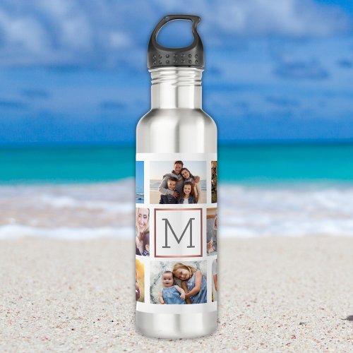 Family Photo Collage Monogram Stainless Steel Water Bottle
