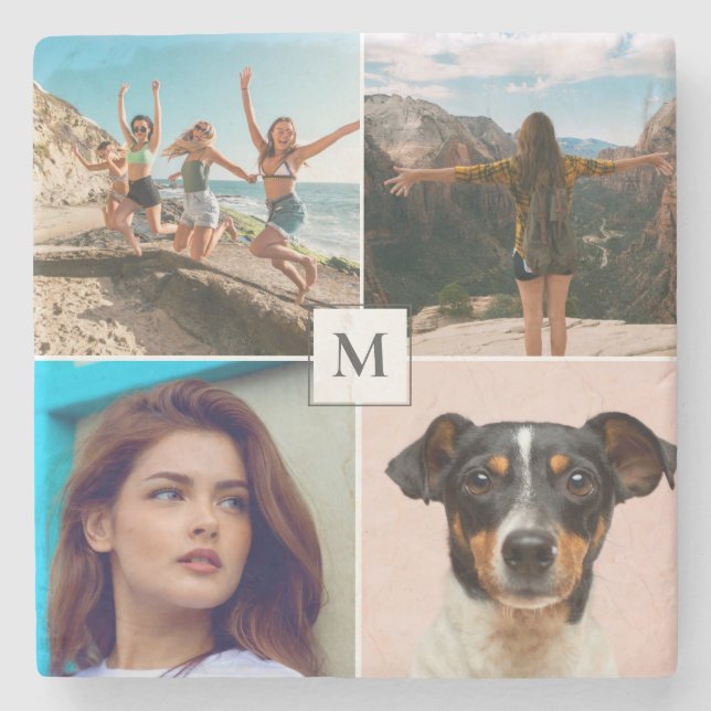 Family Photo Collage Monogram Stone Coaster (Front)