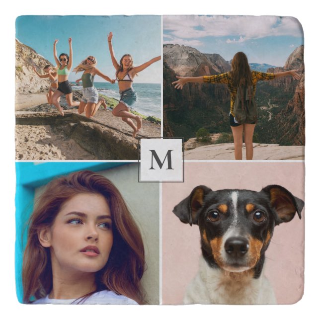 Family Photo Collage Monogram Trivet (Front)