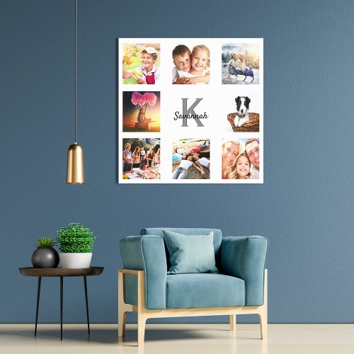 Family photo collage monogram white canvas print