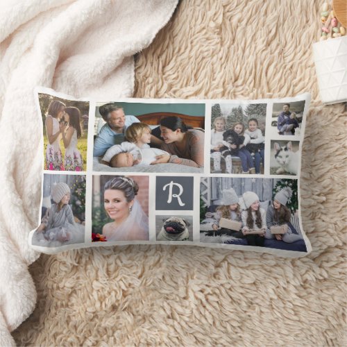Family Photo Collage Monogrammed 18 Pictures White Lumbar Pillow
