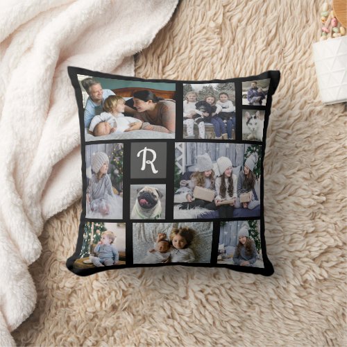 Family Photo Collage Monogrammed 20 Pictures Black Throw Pillow