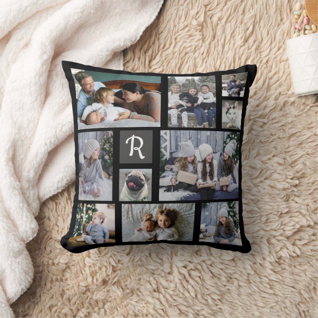 Family Photo Collage Monogrammed 20 Pictures Black Throw Pillow (Blanket)