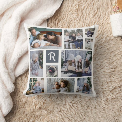 Family Photo Collage Monogrammed 20 Pictures White Throw Pillow