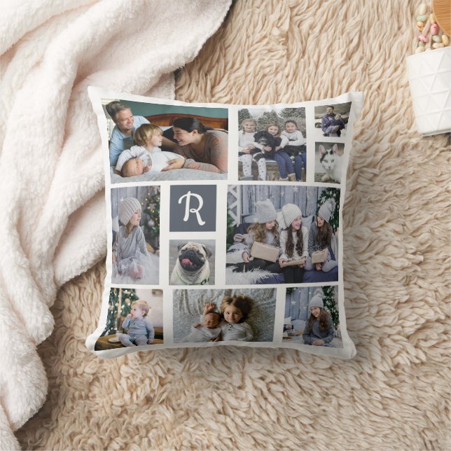 Family Photo Collage Monogrammed 20 Pictures White Throw Pillow (Blanket)