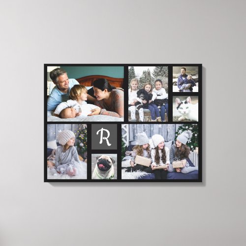 Family Photo Collage Monogrammed 7 Pictures Black Canvas Print