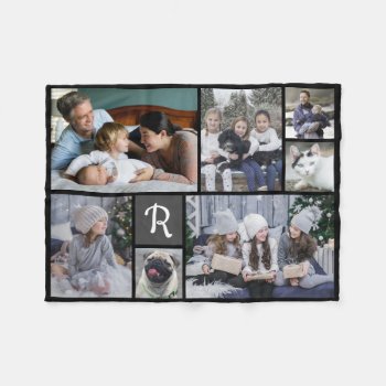 Family Photo Collage Monogrammed 7 Pictures Black Fleece Blanket by PictureCollage at Zazzle
