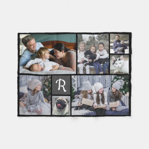 Family Photo Collage Monogrammed 7 Pictures Black Fleece Blanket