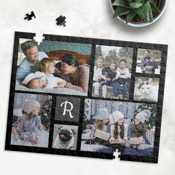 Family Photo Collage Monogrammed 7 Pictures Black Jigsaw Puzzle by PictureCollage at Zazzle