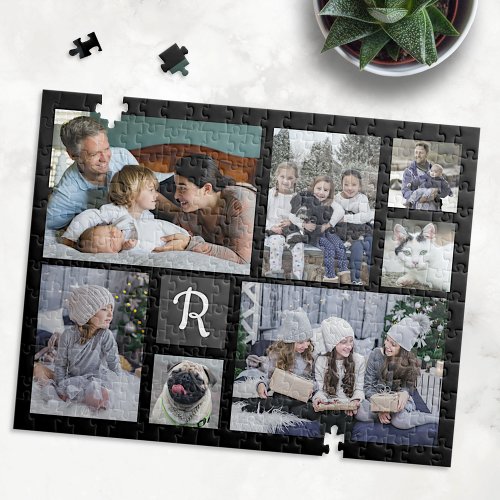 Family Photo Collage Monogrammed 7 Pictures Black Jigsaw Puzzle
