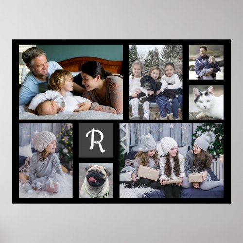Family Photo Collage Monogrammed 7 Pictures Black Poster