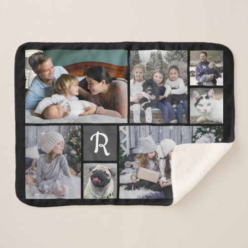 Family Photo Collage Monogrammed 7 Pictures Black Sherpa Blanket