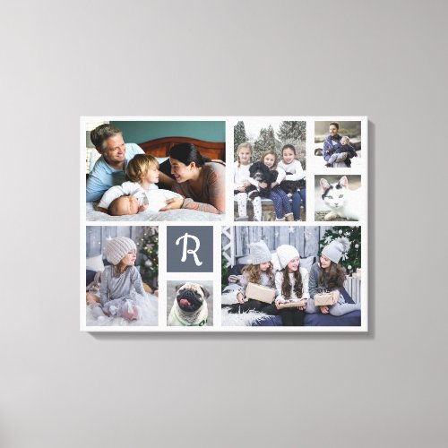 Family Photo Collage Monogrammed 7 Pictures White Canvas Print