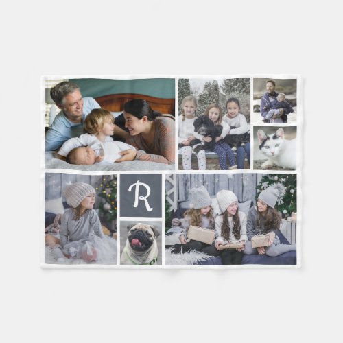 Family Photo Collage Monogrammed 7 Pictures White Fleece Blanket