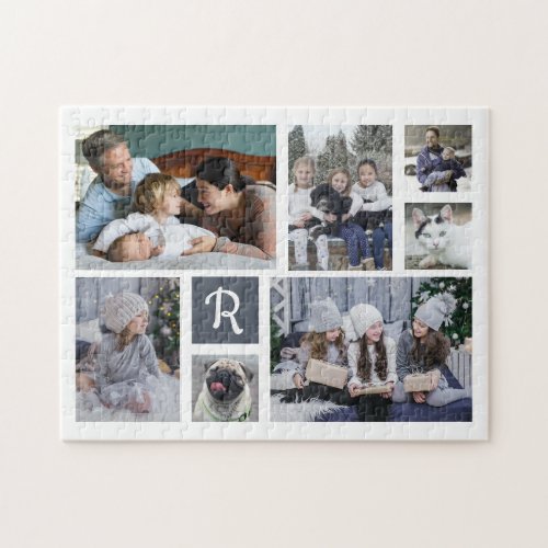Family Photo Collage Monogrammed 7 Pictures White Jigsaw Puzzle