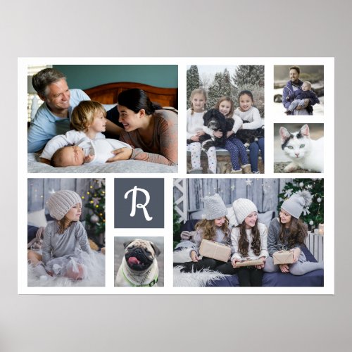 Family Photo Collage Monogrammed 7 Pictures White Poster