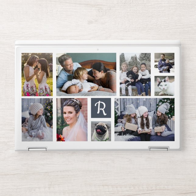 Family Photo Collage Monogrammed 9 Pictures White HP Laptop Skin (Front)