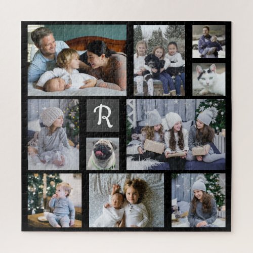 Family Photo Collage Monogrammed Black 10 Pictures Jigsaw Puzzle