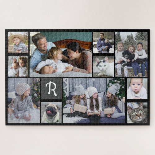 Family Photo Collage Monogrammed Black 11 Pictures Jigsaw Puzzle