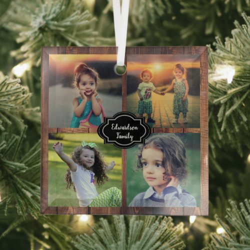 Family photo collage monogrammed glass ornament