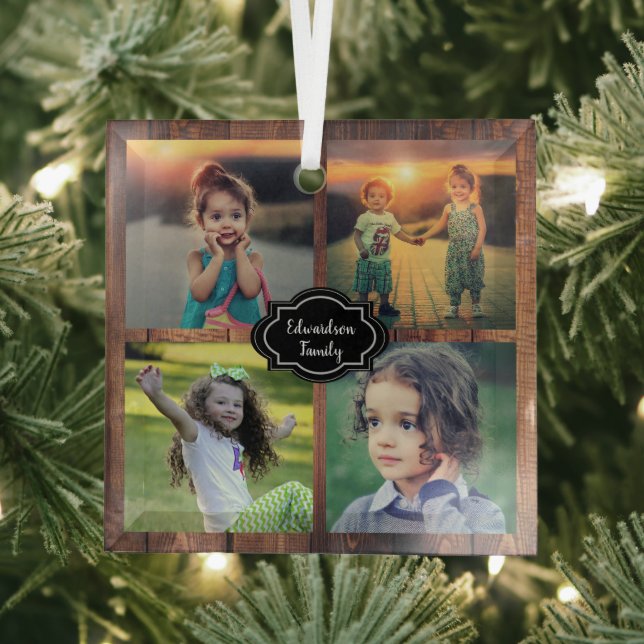Family photo collage monogrammed glass ornament (Insitu)
