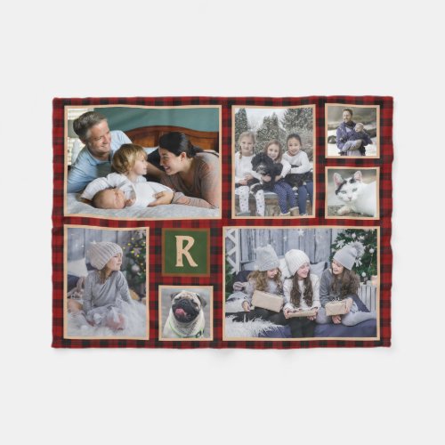 Family Photo Collage Monogrammed Red Buffalo Plaid Fleece Blanket