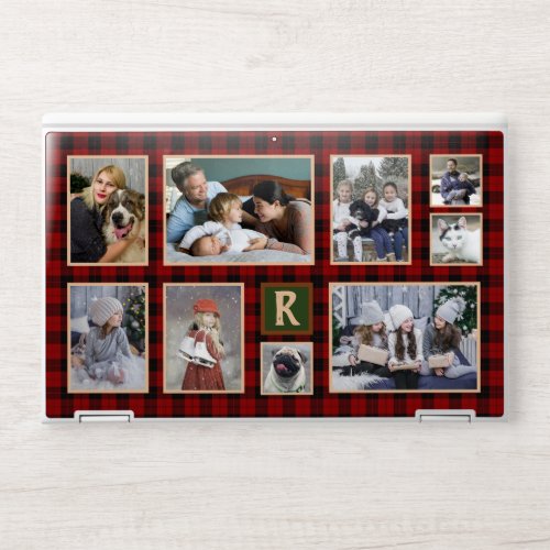 Family Photo Collage Monogrammed Red Buffalo Plaid HP Laptop Skin
