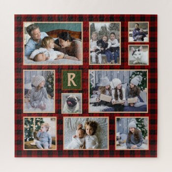 Family Photo Collage Monogrammed Red Buffalo Plaid Jigsaw Puzzle by PictureCollage at Zazzle