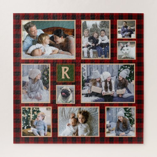 Family Photo Collage Monogrammed Red Buffalo Plaid Jigsaw Puzzle