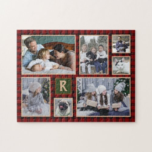Family Photo Collage Monogrammed Red Buffalo Plaid Jigsaw Puzzle